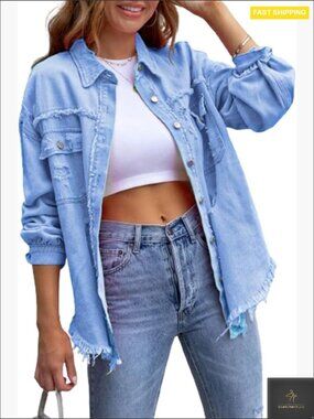 Oversized Denim Button Down Shirt Long Sleeve Jean Jacket Top Y2K Casual